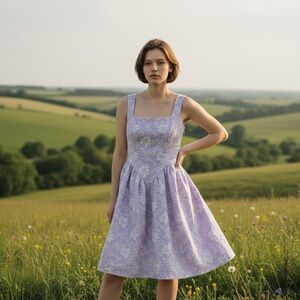 🧚🏻‍♀️ Lilac and White Floral Dress Sundress Smocked Back Fit n Flare Adj Strap L